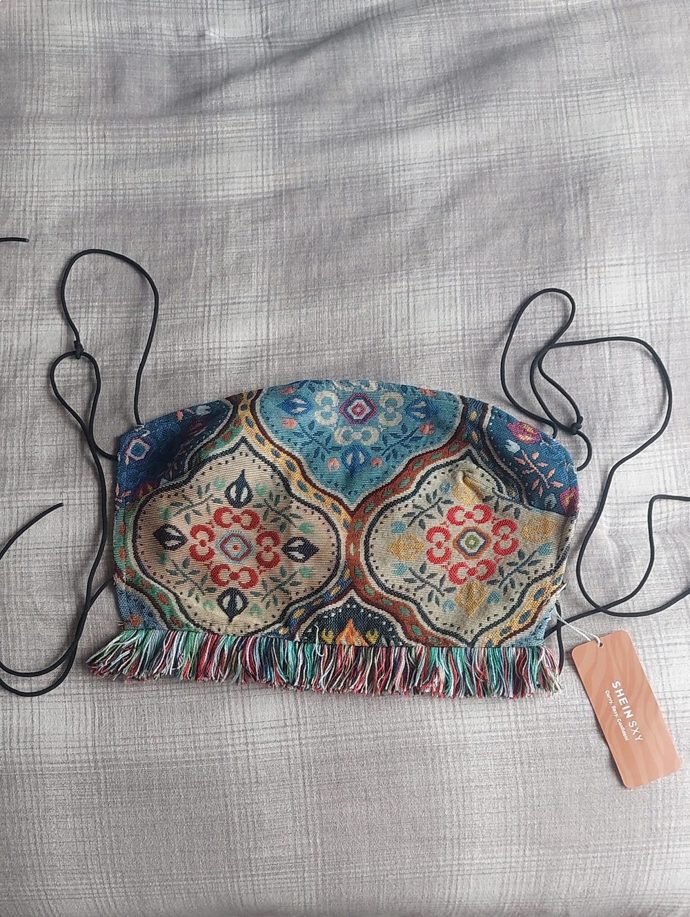NWT Teal Multicolor Boho Fringe Strappy Crop Top Size Small